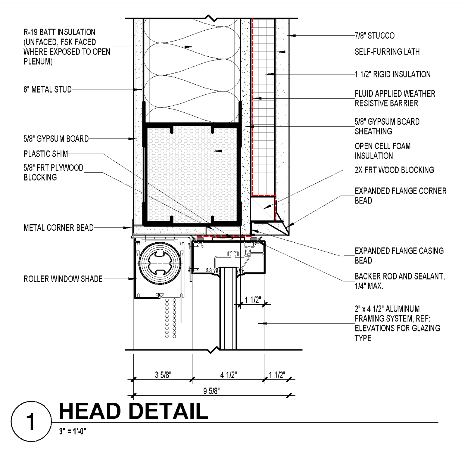 Head detail 1 at 3 inches to the foot: stucco over self-furring lath and rigid insulation, 6-inch metal studs with batt insulation, a roller window shade pocket, and the aluminium window head below. Revision 3 is clouded in red at the corner bead.